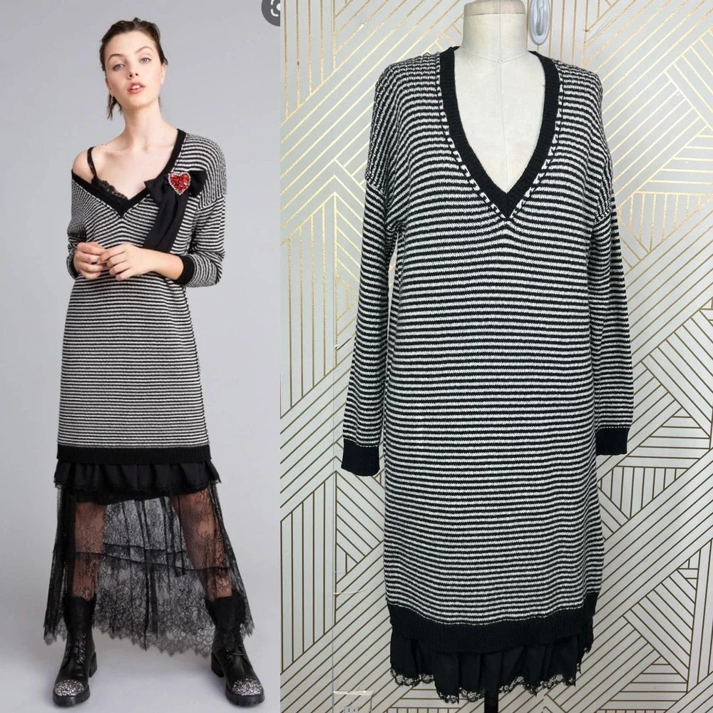 Twinset Milano Striped Two-Tone Sweater Dress with Lace Black Size US Medium